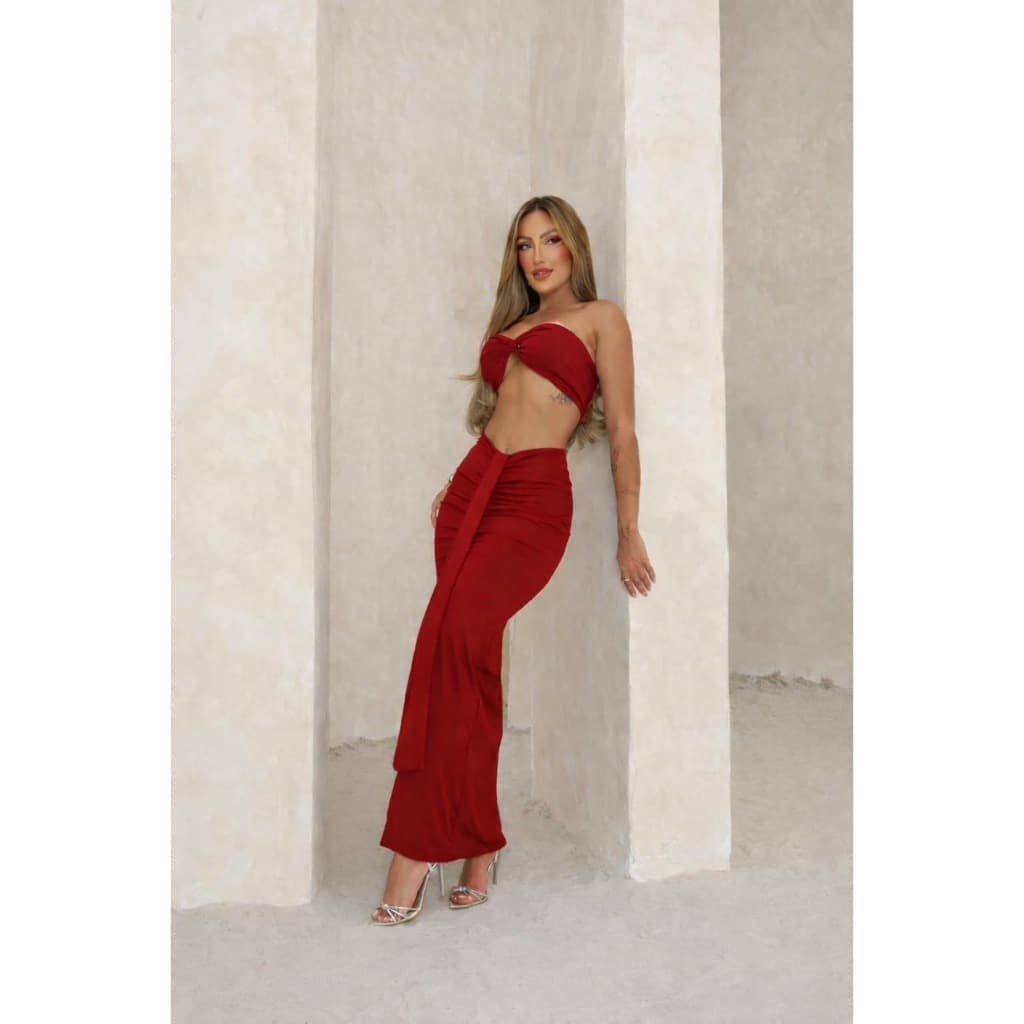 conjunto cropped Nózinho torcido saia longa detalhe drapeado sofisticado elegante
