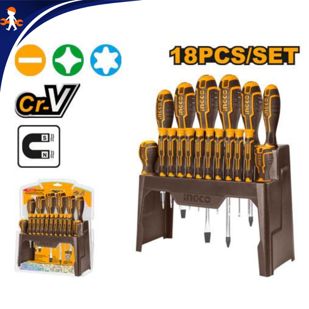 Kit de Ferramentas INGCO 18 Peças, Chaves de Fenda, Philips e Chaves de Precisão (HKSD1828)