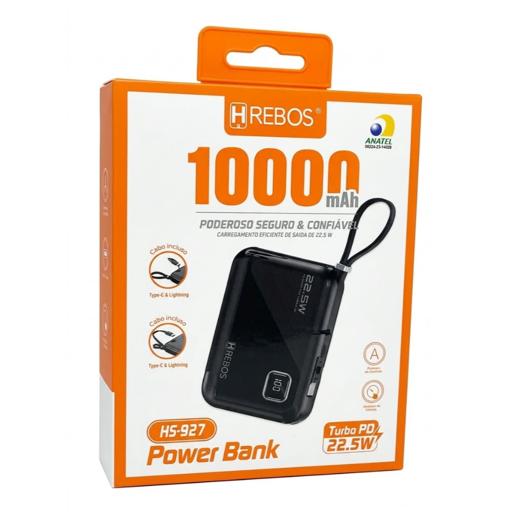 Power Bank Rebós 10000mAh 22.5W Carregamento Rápido com Cabo Integrado e Display LED – Portátil para Android e iPhone
