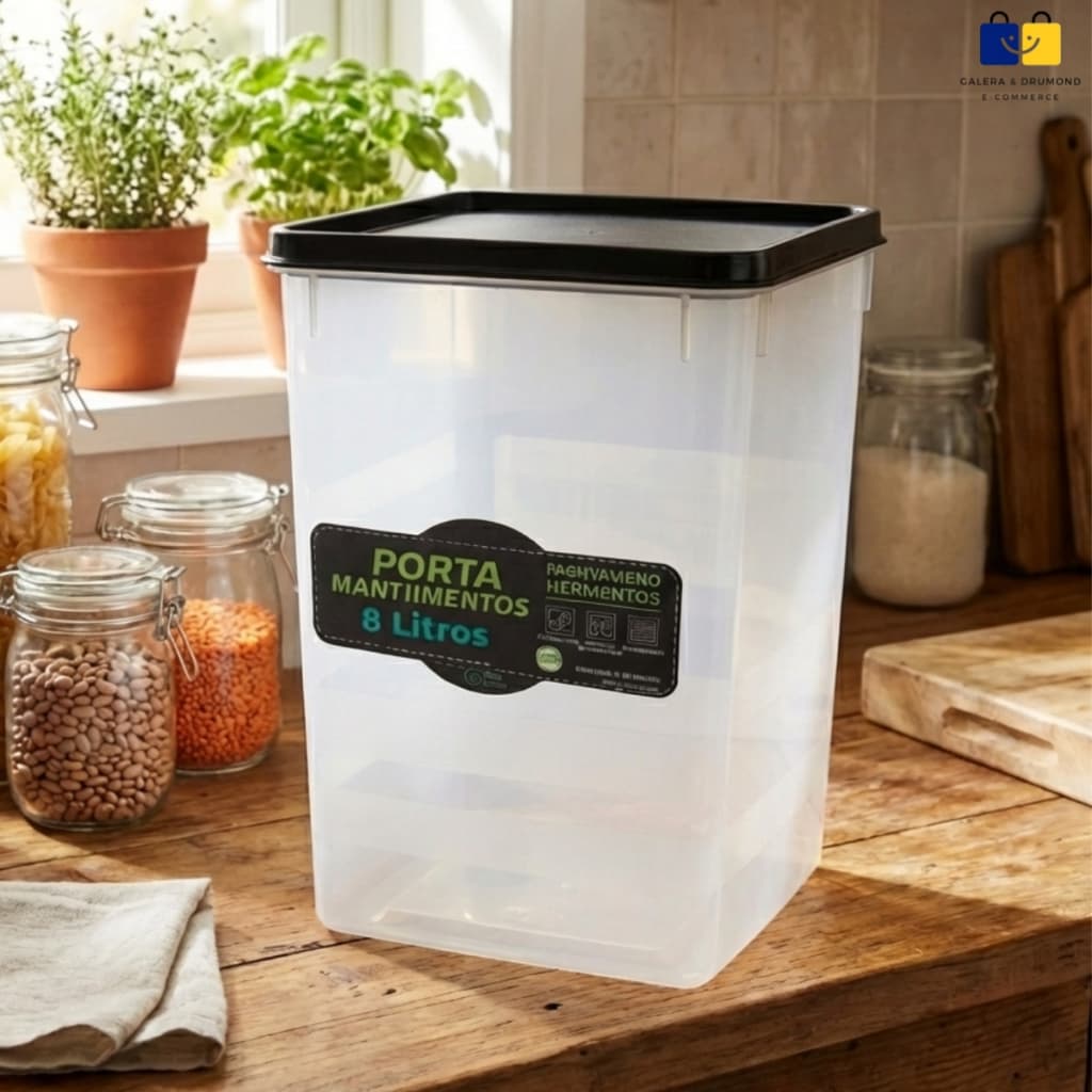 Pote Hermético 5kg Arroz Capacidade 8,0L Tampa Preta Empilháveis Retangular Tampa Trava