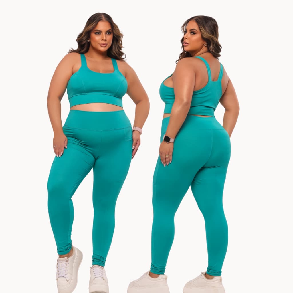 Conjunto Academia Plus Size Top com Bojo Alta Sustentação + Calça com Bolsos Cintura Alta Fitness
