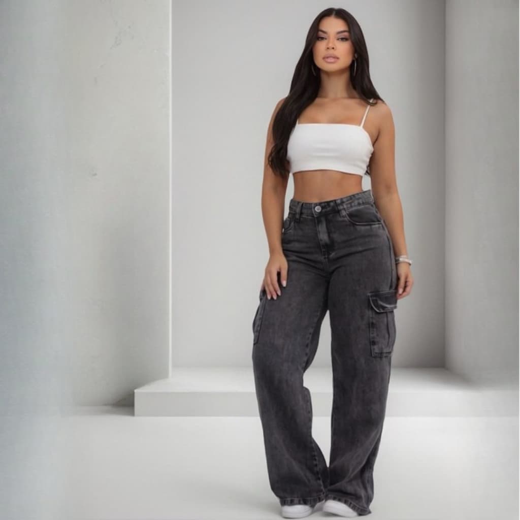 Calça Jeans Wide Leg Cargo 2 Bolsos Feminina Cintura Alta Tendência Moderna Confortável Casual