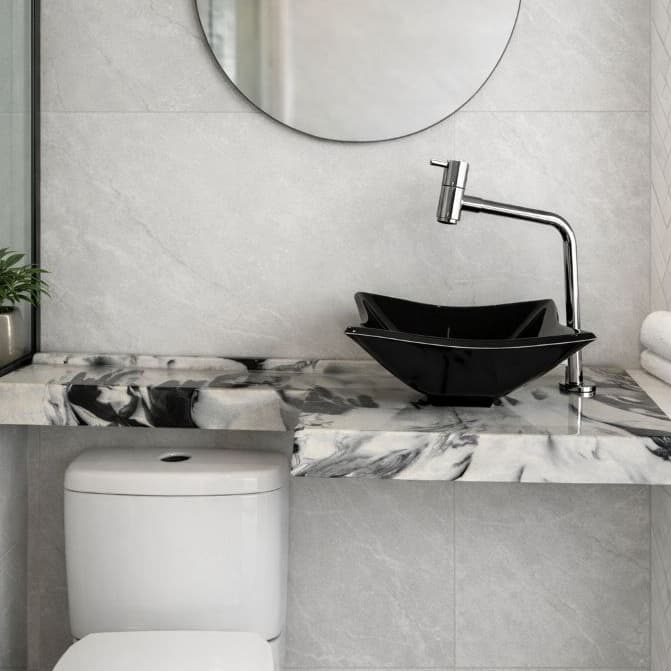 BANCADA EM L 35X93CM C/ CUBA SOBREPOR 29,5x29,5CM / PIA EM MÁRMORE SINTÉTICO / ACOMPANHA VÁLVULA / LAVABO