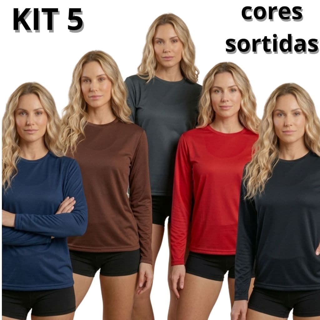 Kit 5 Camisetas Uv Feminina Proteção Solar Praia Segunda Pele Lançamento Plus Size Tam P ao G3 Cores Sortidas