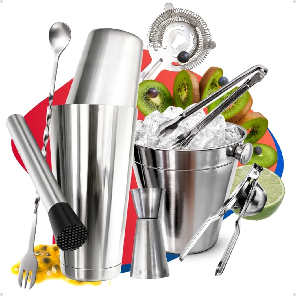 Kit Coqueteleira Boston 820 Ml - Strainer Socador Colher Espremedor Balde Dosador Inox Profissional