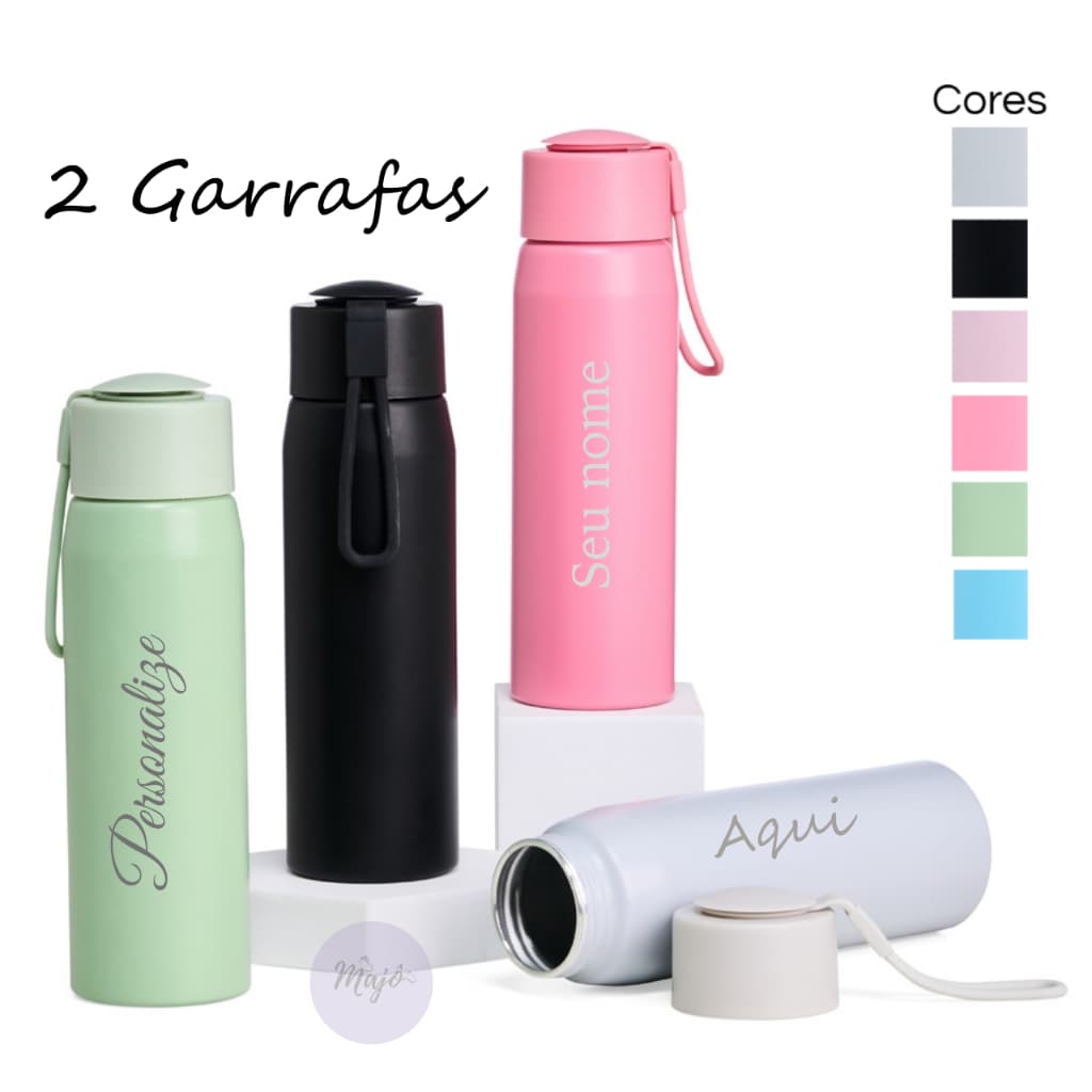Kit 2 Garrafas Alumínio 600 ml Personalizada Fosca com Tampa Rosqueável e Alça