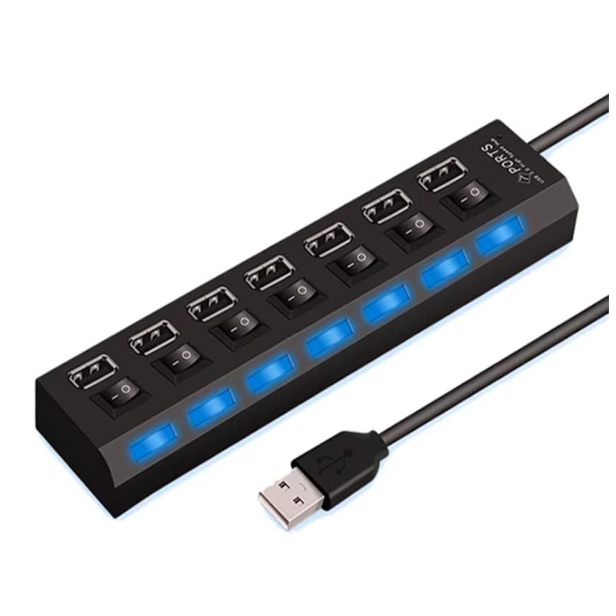 Hub USB 2.0 7 Portas Régua Plug Play Botão ON OFF LED Home Office PC Notebook Pendrive HD Externo