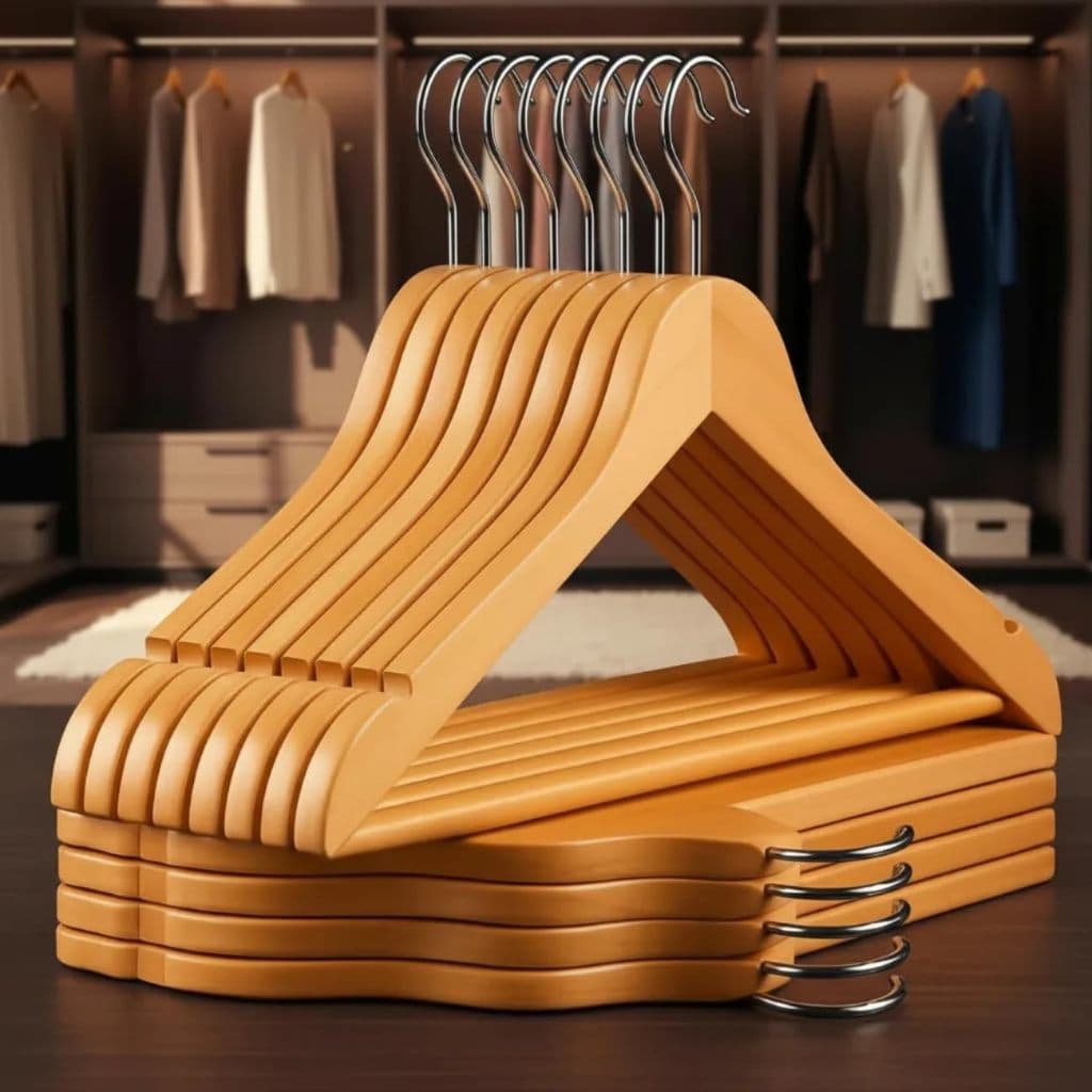 KITs Cabides Madeira Verniz Marfim Calça Blusa Premium Forte Durável com Presilhas