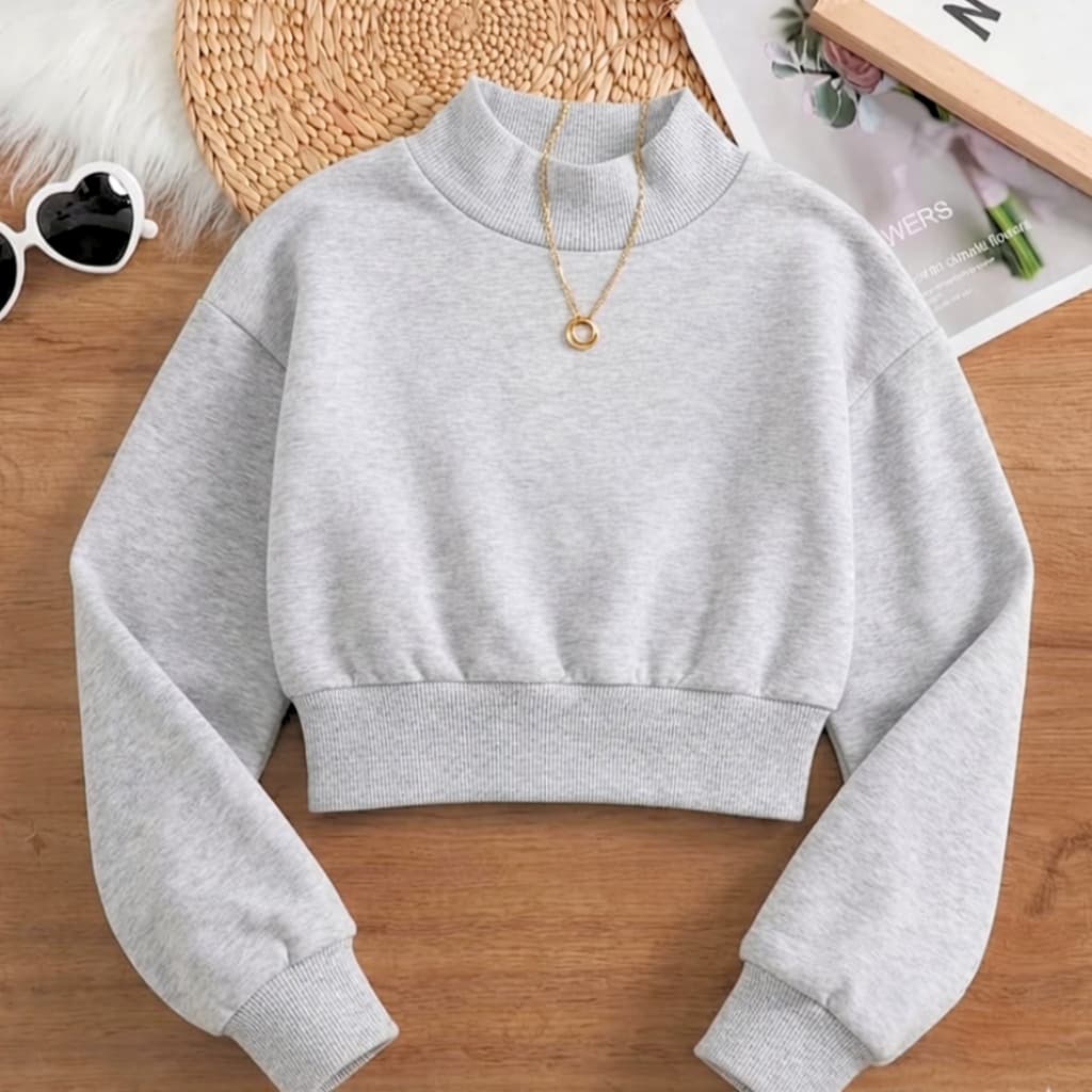 Blusa de Inverno Feminina Gola Alta Semi Cropped Suéter de Frio Liso Flanelado Casaco Quentinho