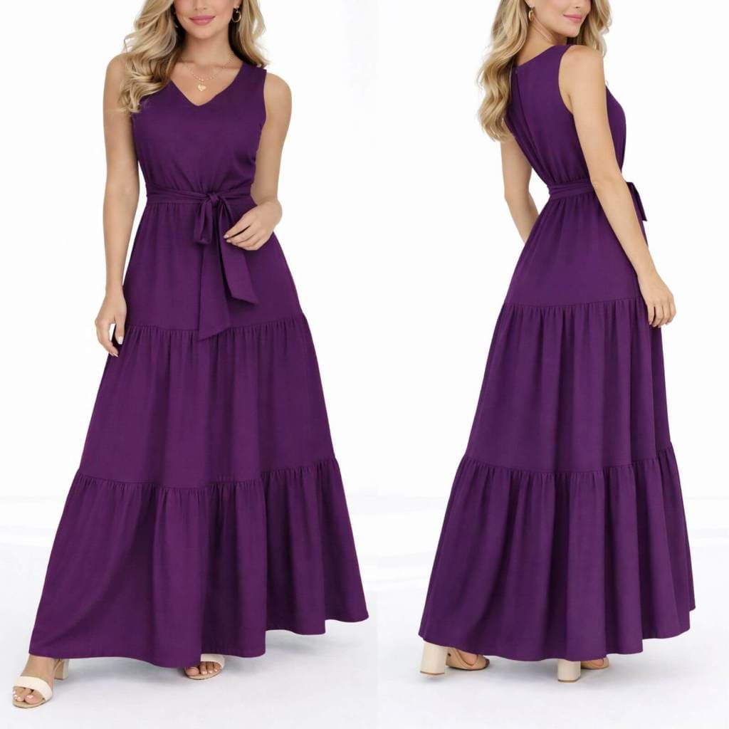 Vestido Longo Feminino Elegante Moda Cristã Com Faixa Na Cintura Decote V Casual Chic