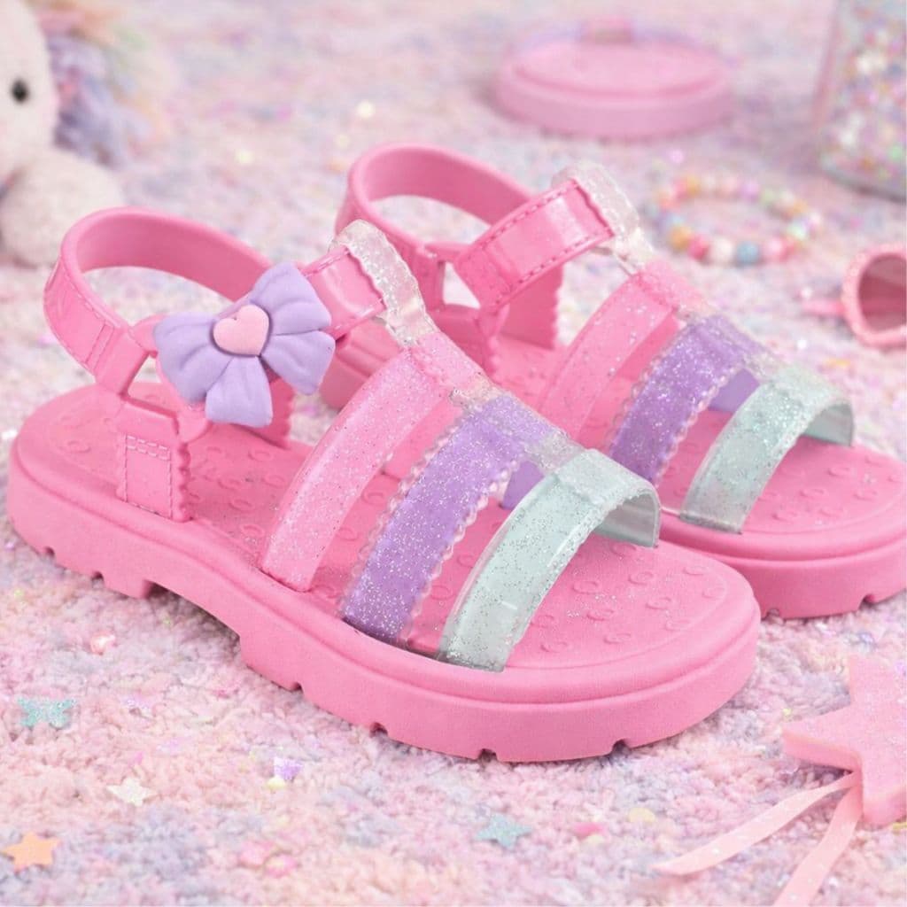 Sandália Papete Menina Rosa Tiras Coloridas Infantil Jully Chinelo Fechamento Ajustável Confortável Feminimo