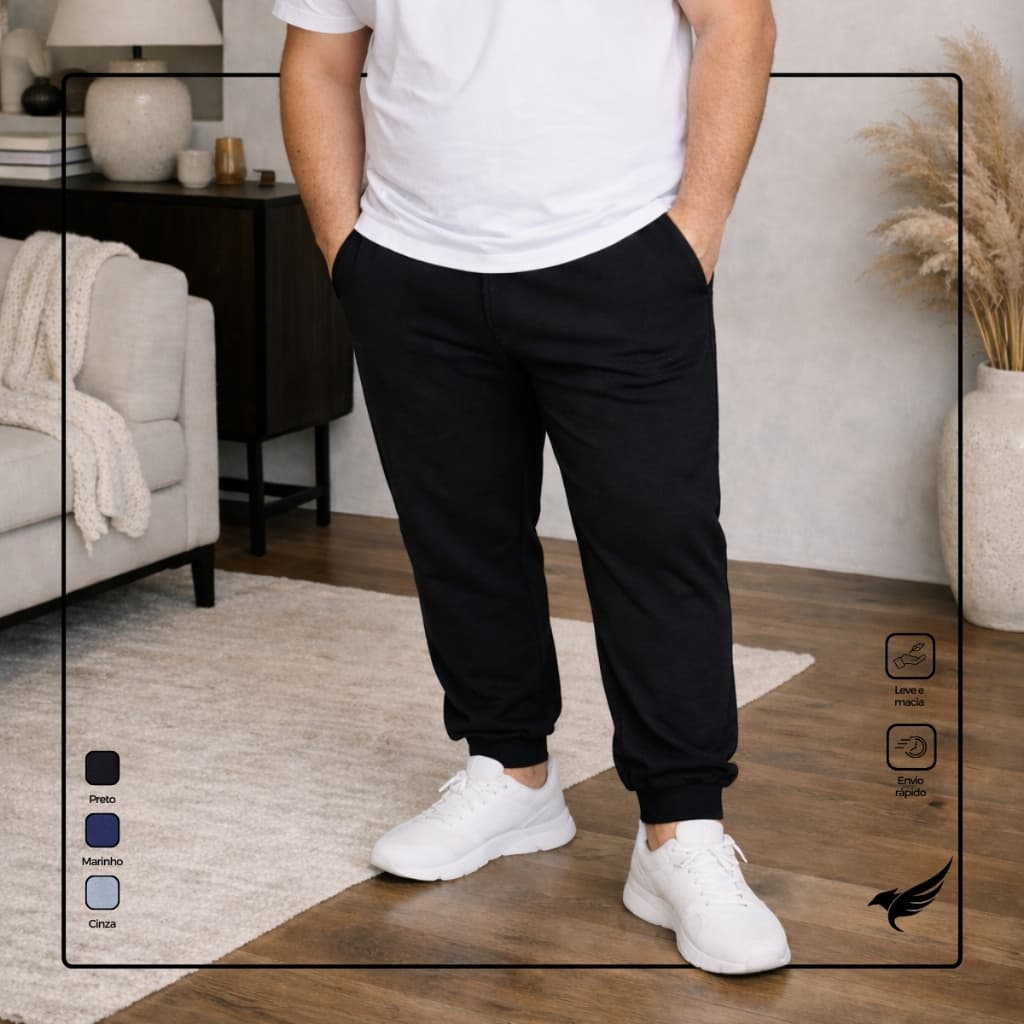 Calça Moletom Jogger Punho Plus Size Masculina