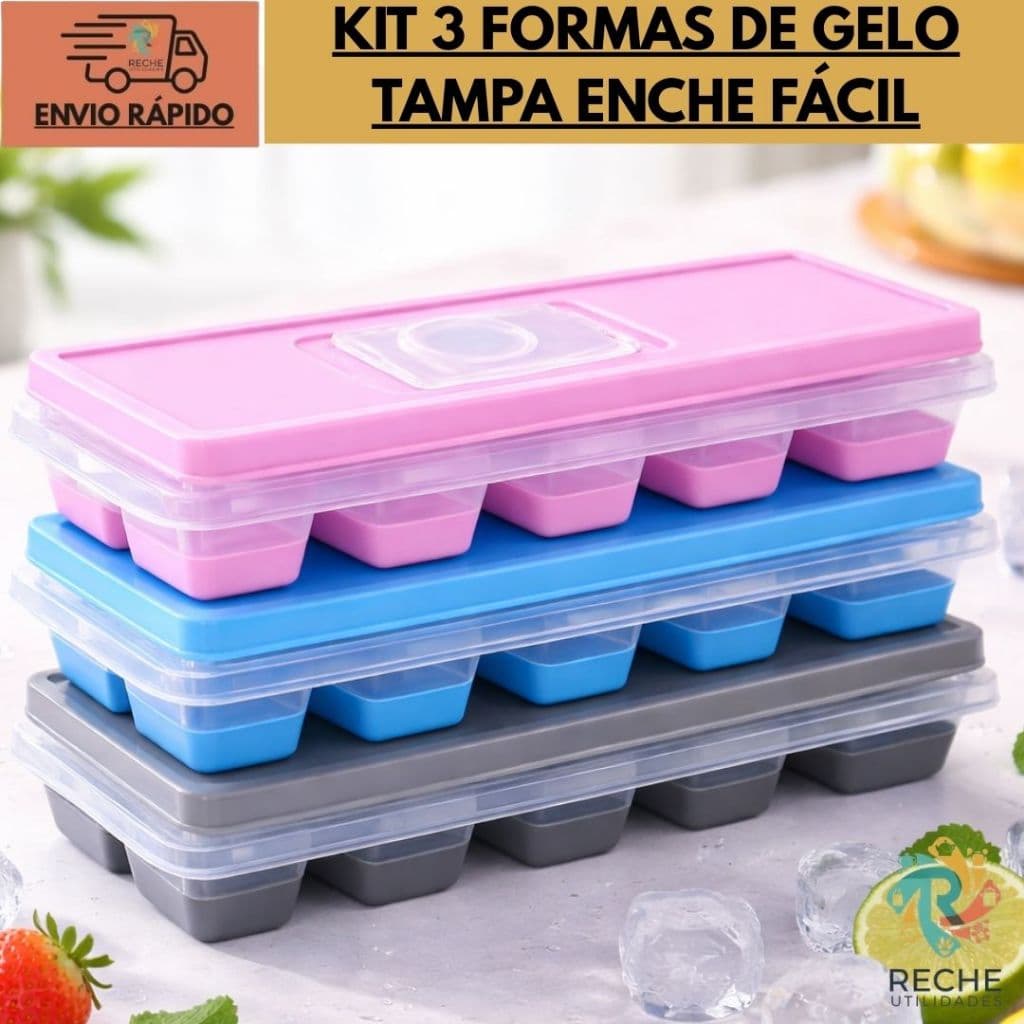 Kit 3 formas de gelo com tampa enche fácil e fundo de silicone 12 cubos BPA free forminha de gelo freezer organizado