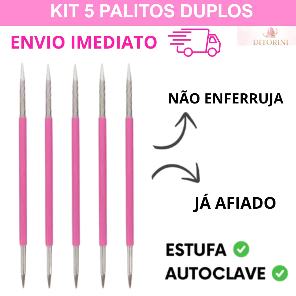 Kit 5 Palitos Duplo Cutícula Manicure Pedicure Cutelaria Unha rosa Silicone Esterilizável Inox