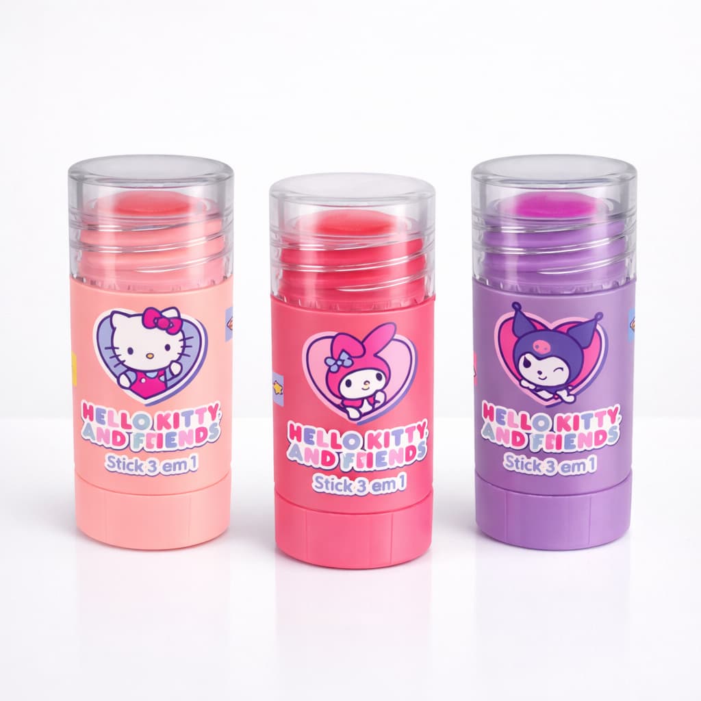 Stick 3 em 1 Blush + Batom + Sombra Hello Kitty Infantil Adulto Cremoso