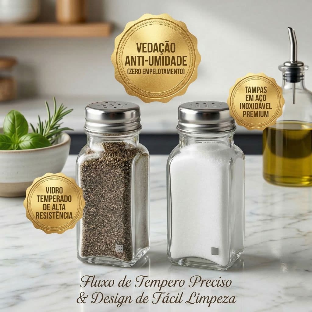 Kit Saleiro Duas Peças Saleiro e Pimenteiro de Vidro com Tampa em Inox