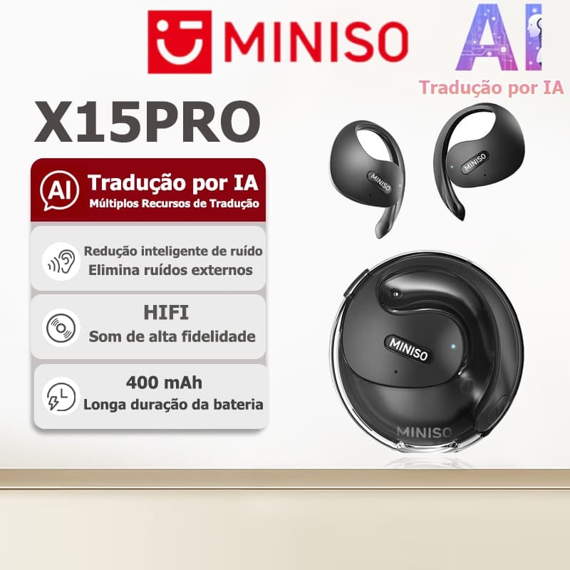 Fone de ouvido Bluetooth tradutor AI MINISO X15PRO - Som HiFi, IPX5 à prova d'água, Bluetooth 5.4, 1 ano de garantia