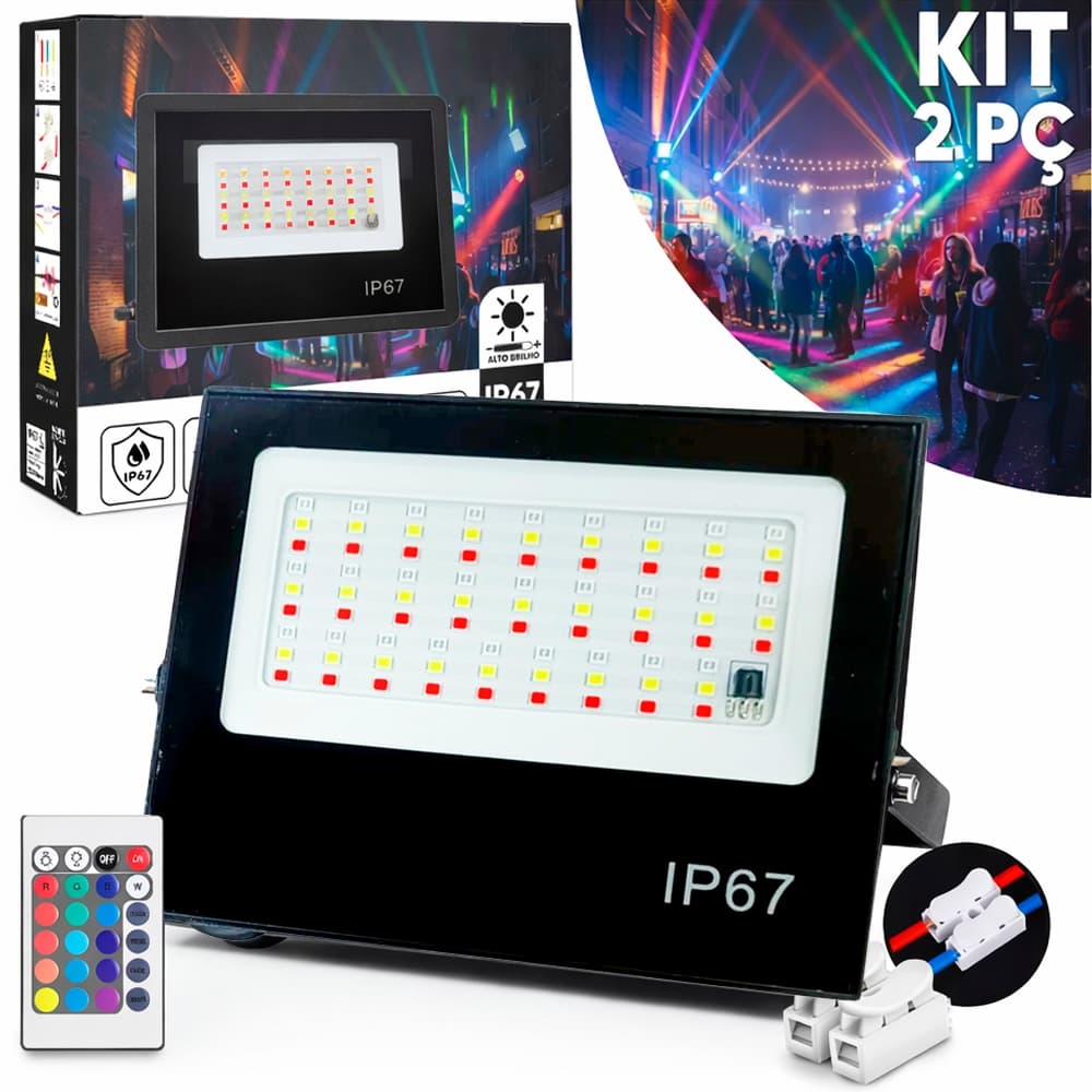 Kit 2 Refletor Led Holofote 200w Rgb Colorido Bivolt Controle