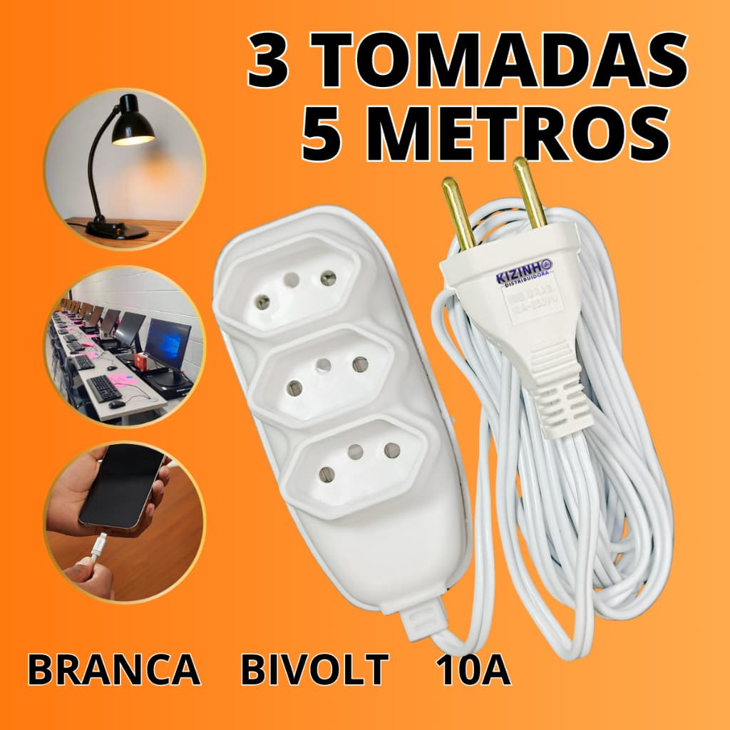 Extensão Elétrica de 5 Metros com 3 Tomadas Branca Extensão de Energia Bivolt 127/220 10A