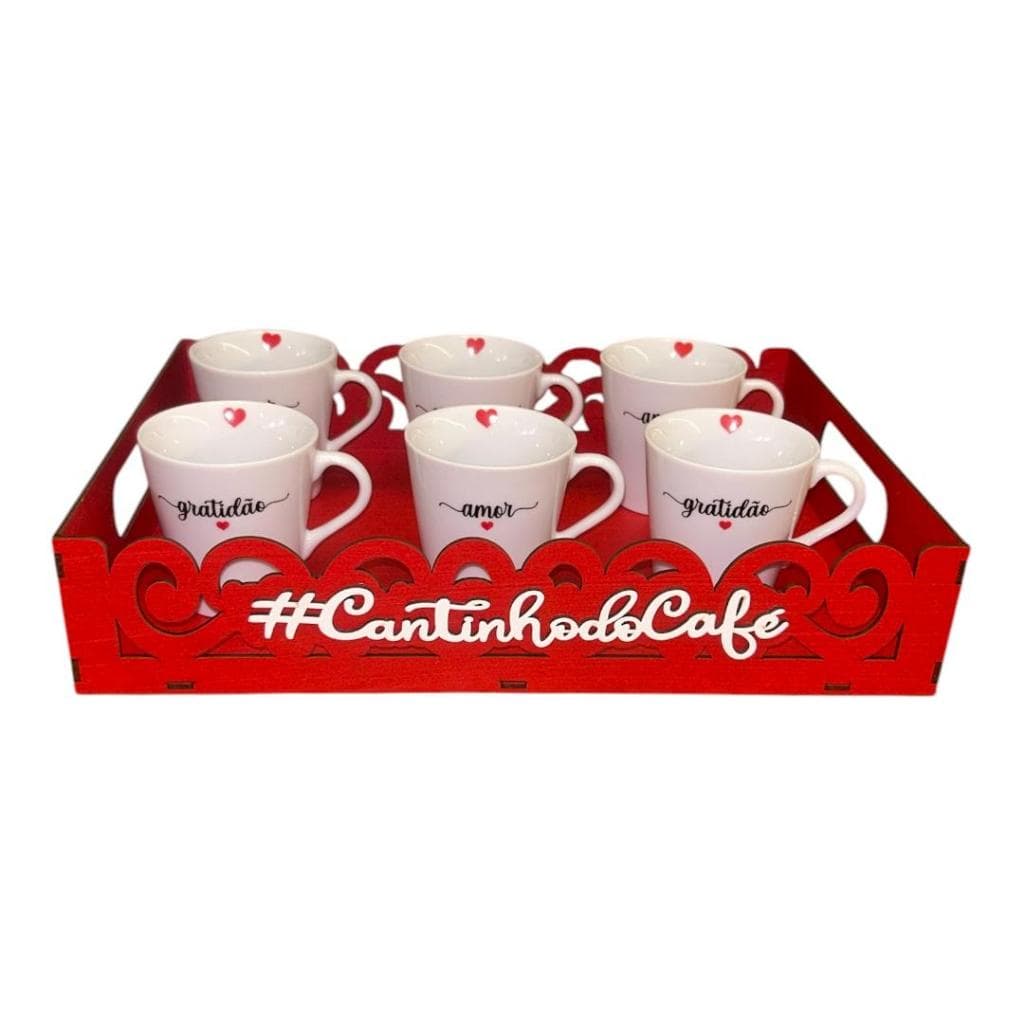 Bandeja Vermela 6 Xícaras Porcelana 140ml Até O Próximo