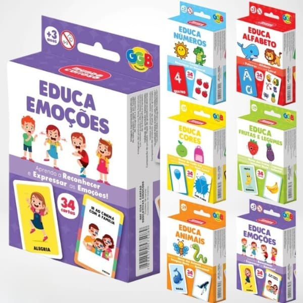 Kit Jogos de Cartas Educativo Pedagógico Emoções Alfabeto Números Frutas Cores e Animais 6 em 1 GGB
