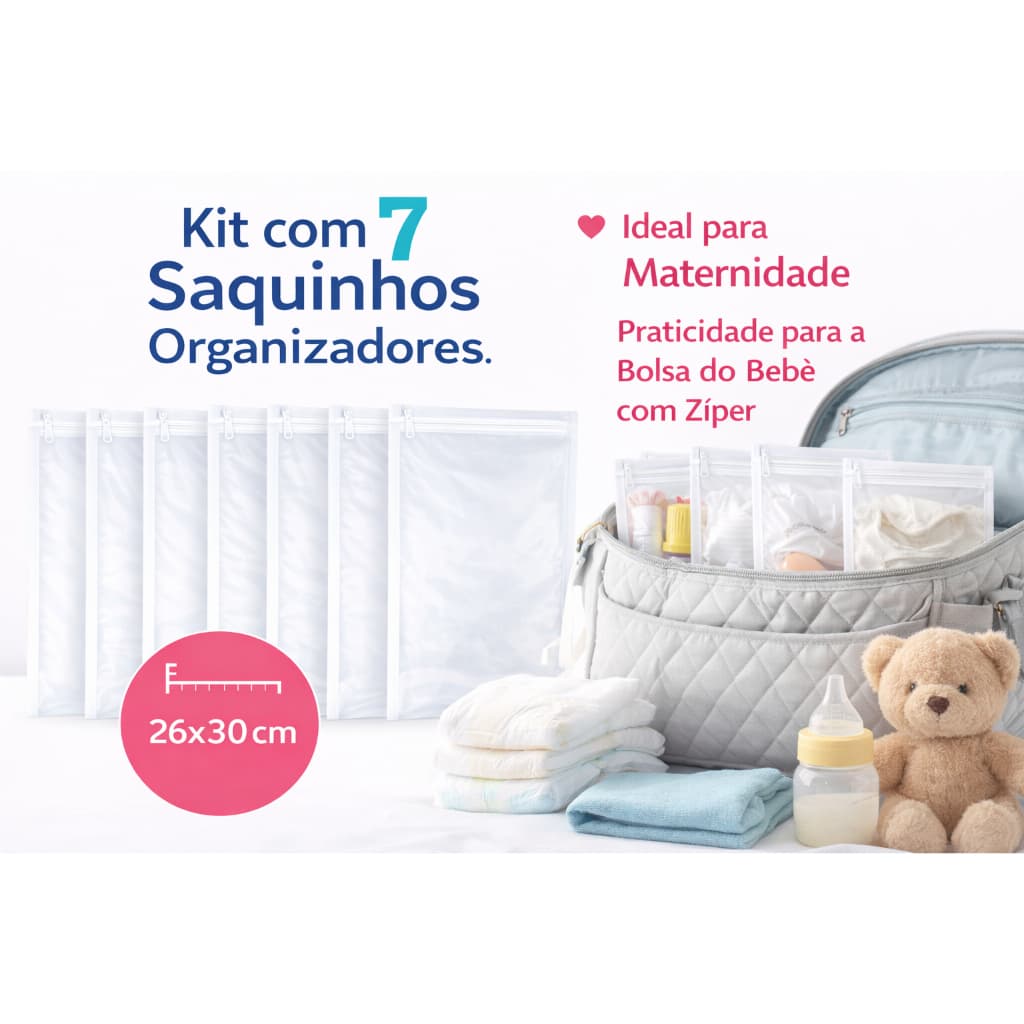 Kit 7 Saquinhos Organizadores com Zíper 26x30cm – Multiuso para Maternidade e Necessaire