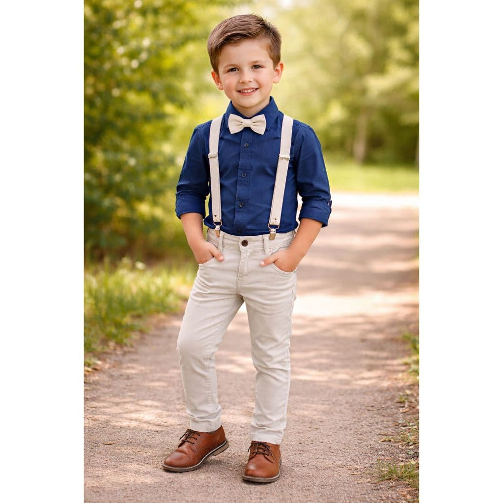 Calça Nude Camisa Azul Marinho Gravata Suspensório Batizado Casamento Pajem Formatura Social Menino Infantil