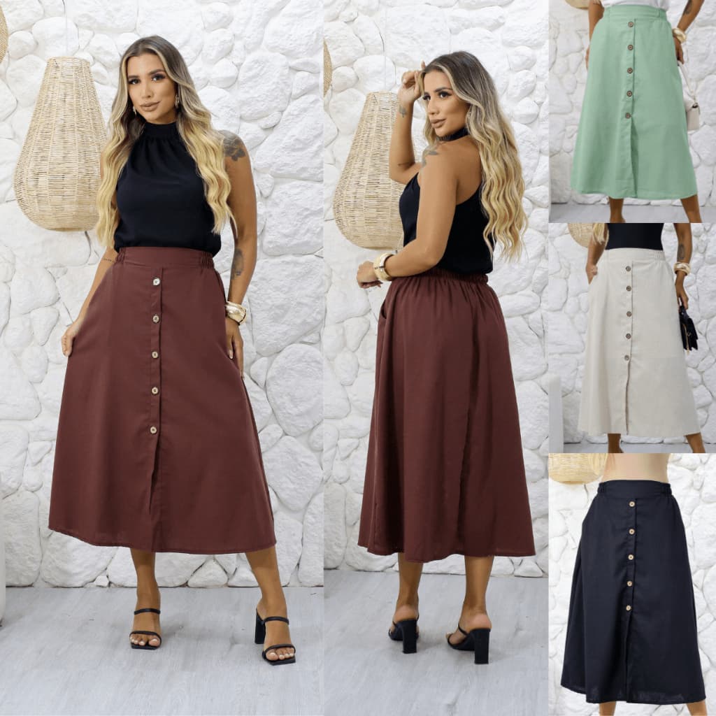 Saia Evangélica Moda Feminino Linho Forrada Cintura Alta com Botões Elegante