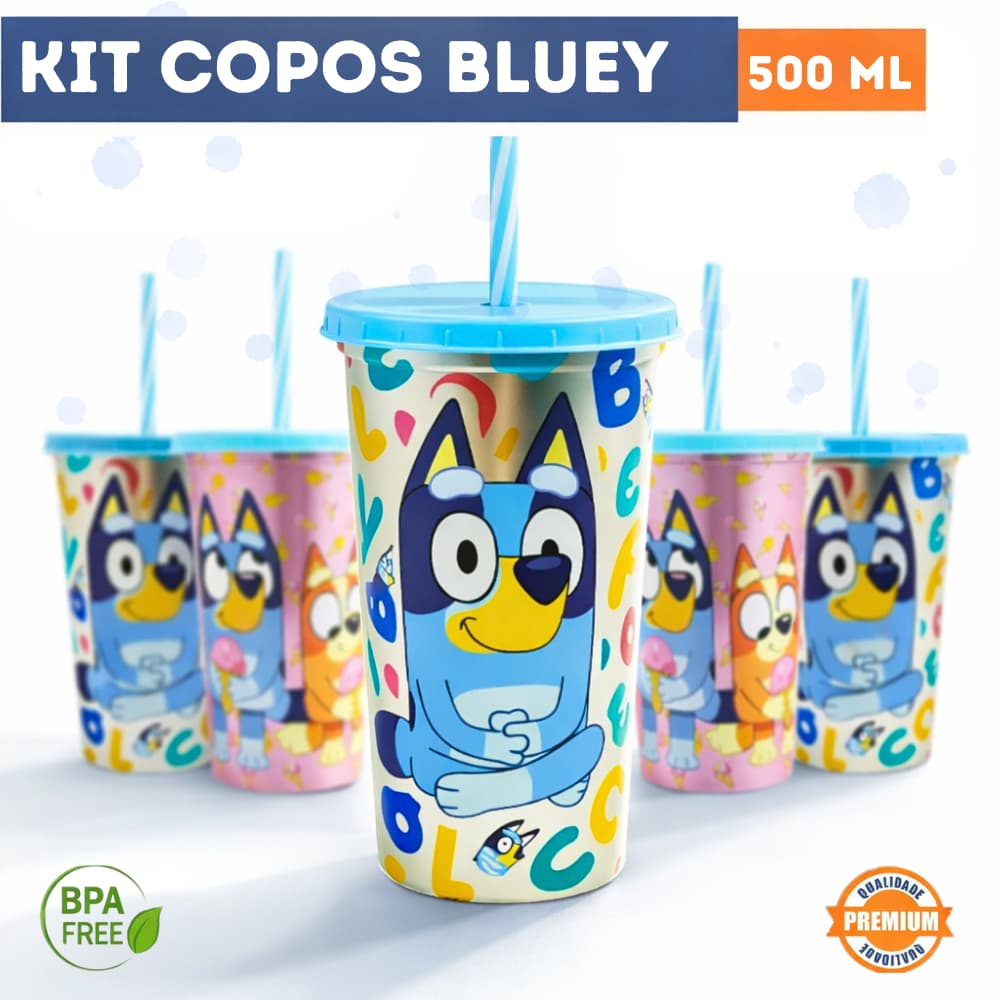 Kit Copos Bluey 500ml Lembrancinha Festa Infantil Sacola Surpresa Aniversário Colecionável