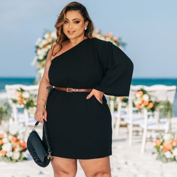 Vestido Plus Size Elegante Uma Manga Só Preto Moderno Confortável Festa Noite Evento Casamento