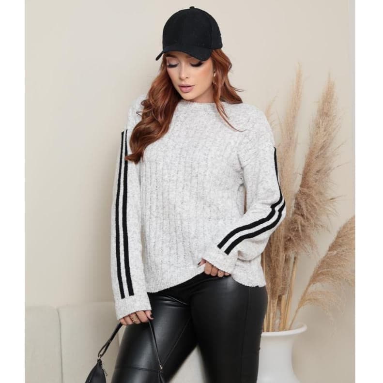 Blusa Blusinha De Frio Feminina Tranças e Listras Em Tricot Mousse Oversized Moda Inverno Lançamento