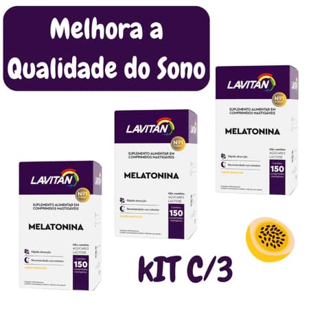 KIT 3 CAIXAS LAVITAN MELATONINA 0,21MG MARACUJÁ 150 CP TOTALIZANDO 450 CPR MASTIGÁVEIS