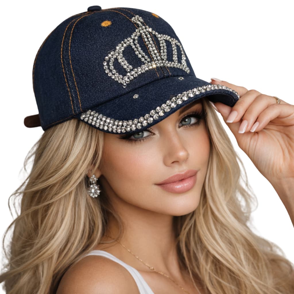 Boné Feminino de Coroa de Strass fecho de ajuste de Fitão Aba curva