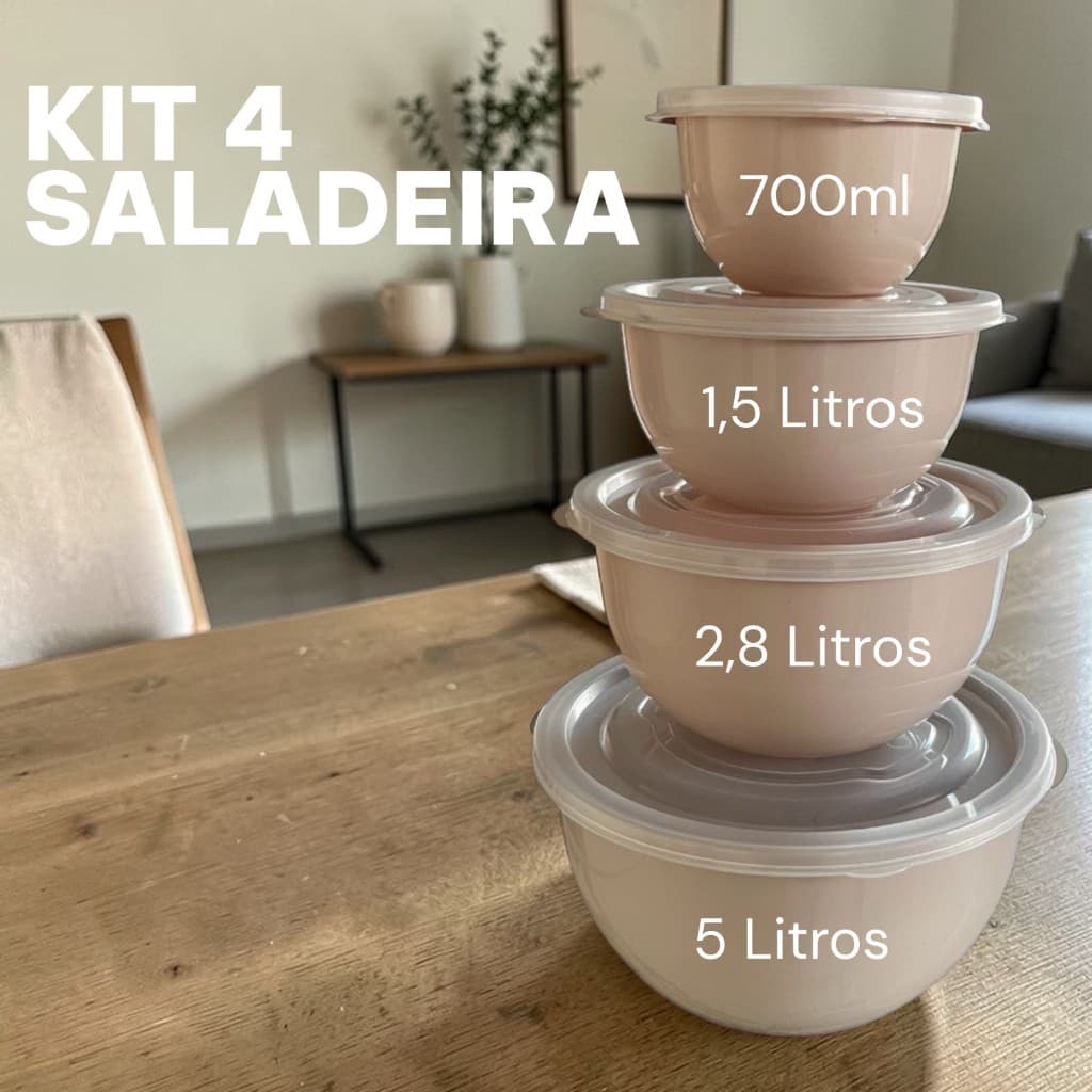 Kit Saladeira com 4 Potes de Plástico Preto ou Bege Vasilha