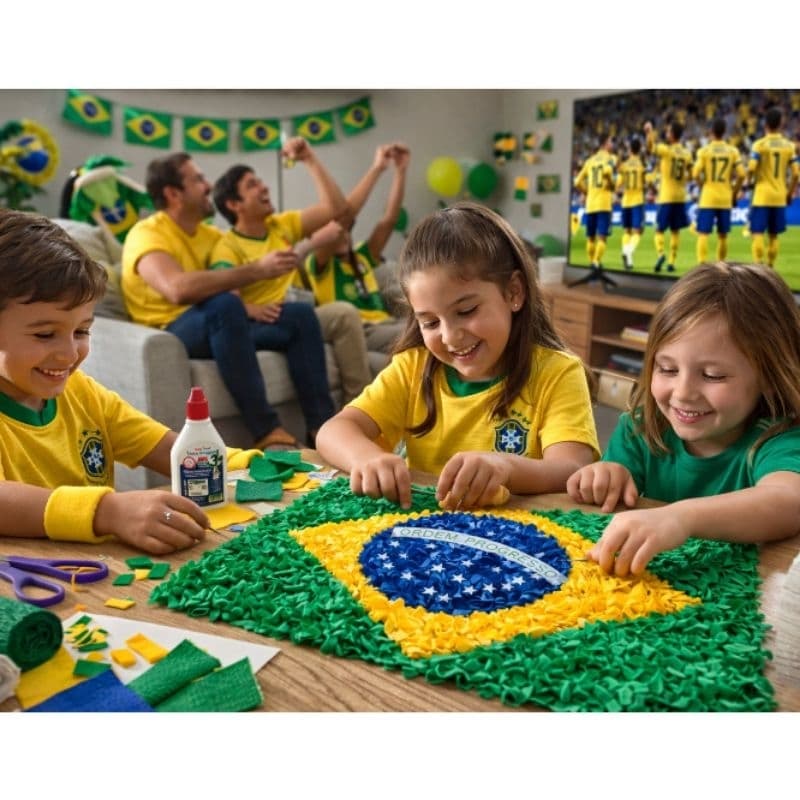 Kit Artesanato Bandeira Brasil Papel Crepom, tesoura Escolar Completo Copa 2026 Prático e Educativo