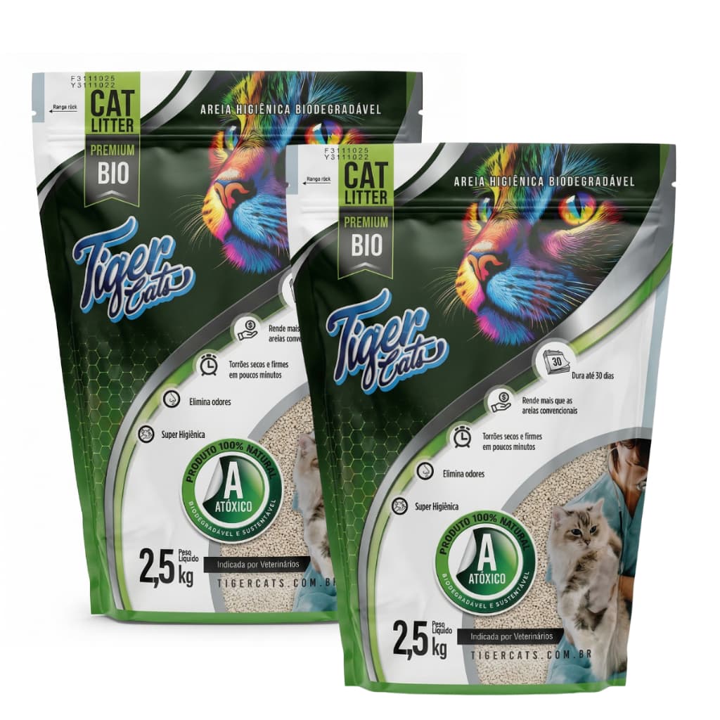 TIGER CATS AREIA HIGIÊNICA BIODEGRADAVEL PARA GATOS MILHO MANDIOCA MINÉRIO 2,5 KG