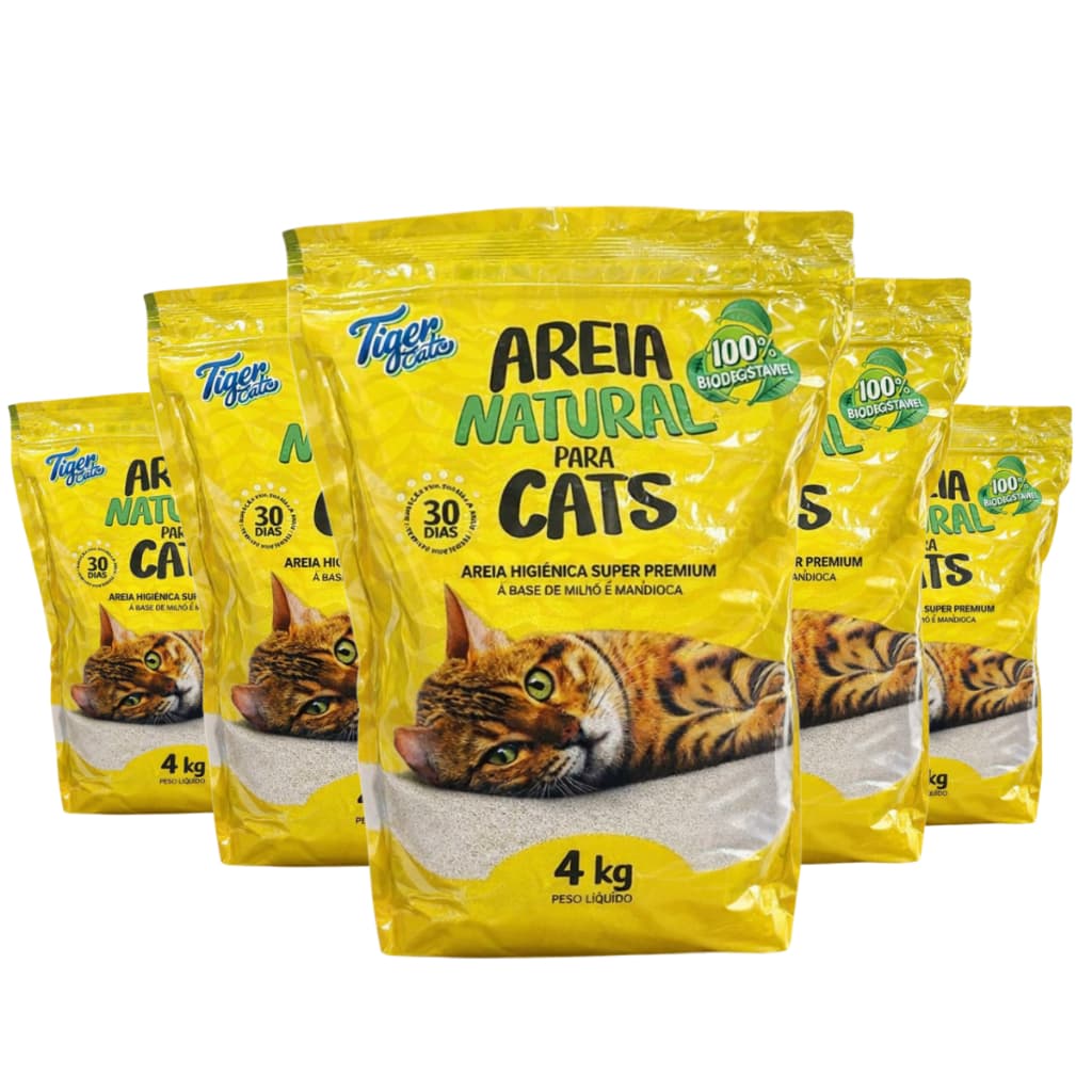 KIT COM 5  PACOTES AREIA HIGIÊNICA NATURAL BIODEGRADÁVEL MILHO E MANDIOCA PARA GATOS TIGER CATS 4KG