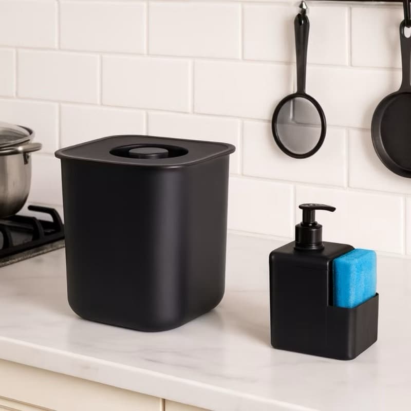 Kit Pia Lixeira 4 Litros + dispenser Detergente Cozinha E Bucha Preto