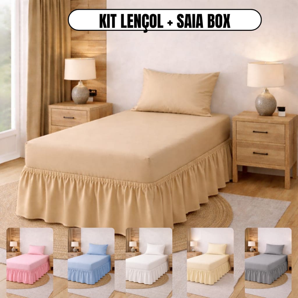 KIT LENÇOL + SAIA PARA CAMA BOX COM ELÁSTICO SOLTEIRO MICROPERCAL 400 FIOS