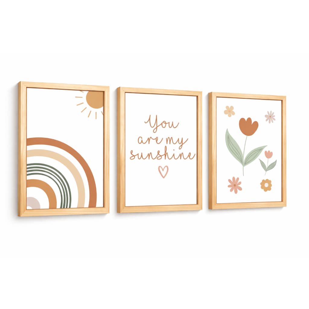Trio Quadros Decorativos Infantil Boho Sol Arco-íris You Are My Sunshine Quarto Bebê Menina Menino