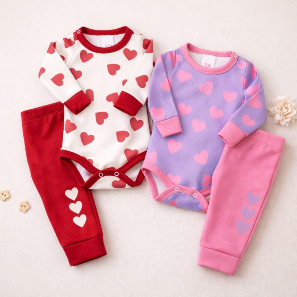 Conjuntinho De Inverno Bebê Menina Body E Calça em Soft Plush Flanelado Estampa Fofa de Corações - 1 a 9 meses