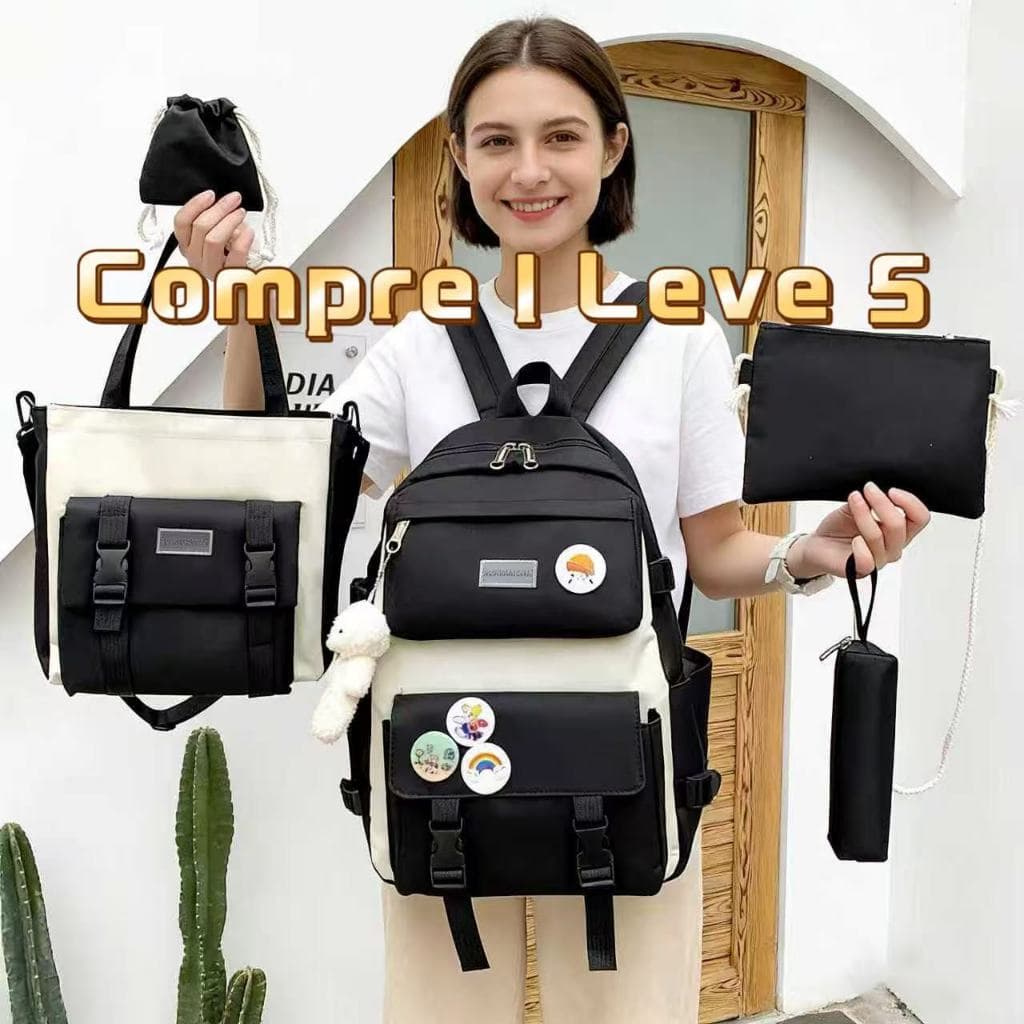 Kit 5 Bolsas Mochila Feminina de Nylon Estilo Coreano Grande Capacidade Ideal para o Dia a Dia-Com um ursinho