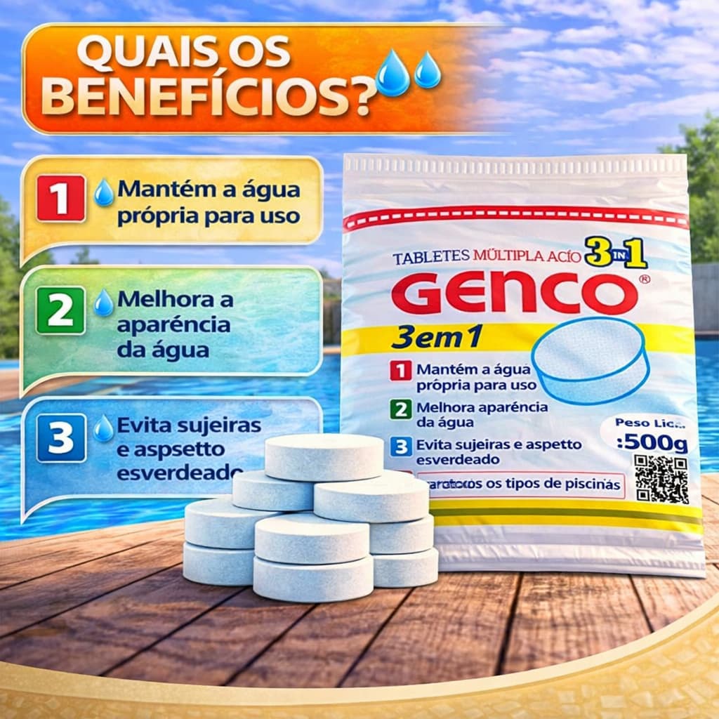 Tabletes Piscina Genco 3 em 1 Kit 5 10 ou 15 Unidades Manutenção Prática Água