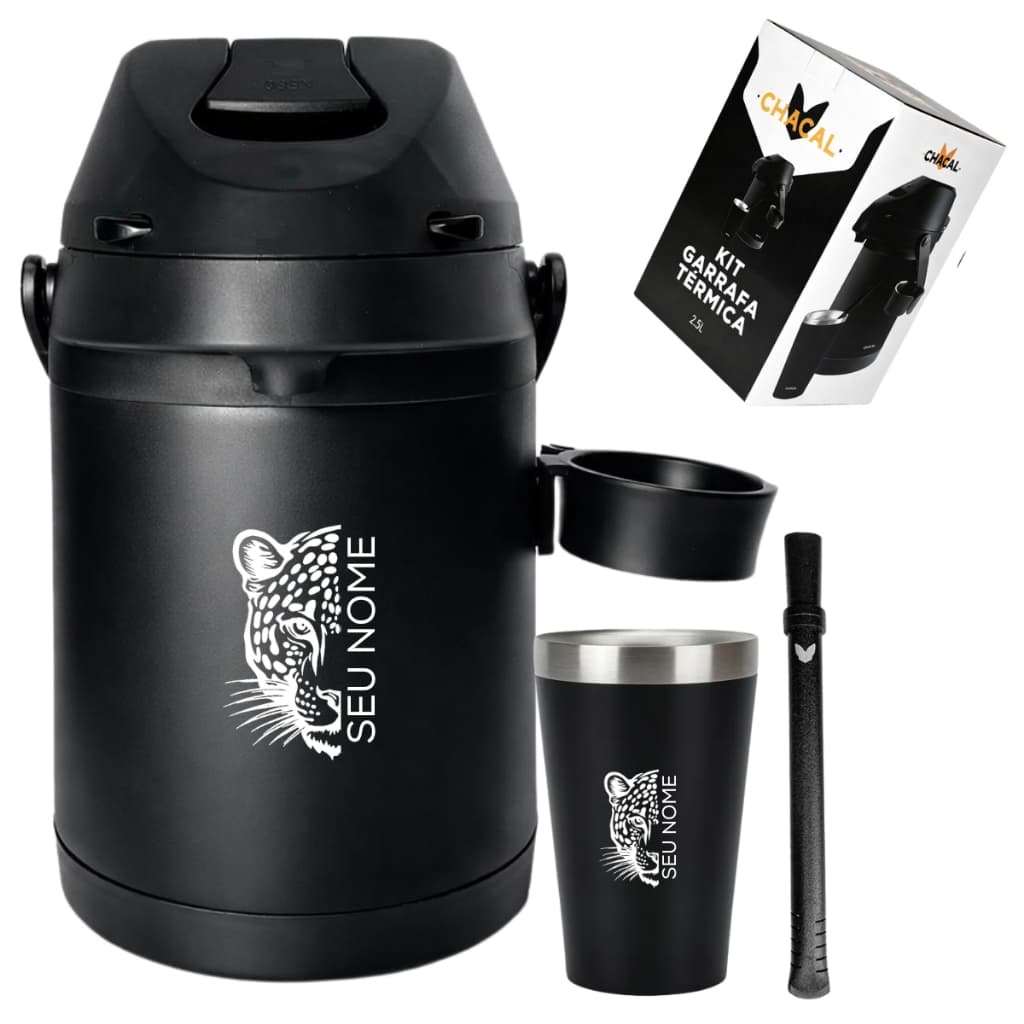Kit Terere Chacal Garrafa Térmica Preta 2,5 Litros Suporte Copo Térmico 200ml Bomba Chacal