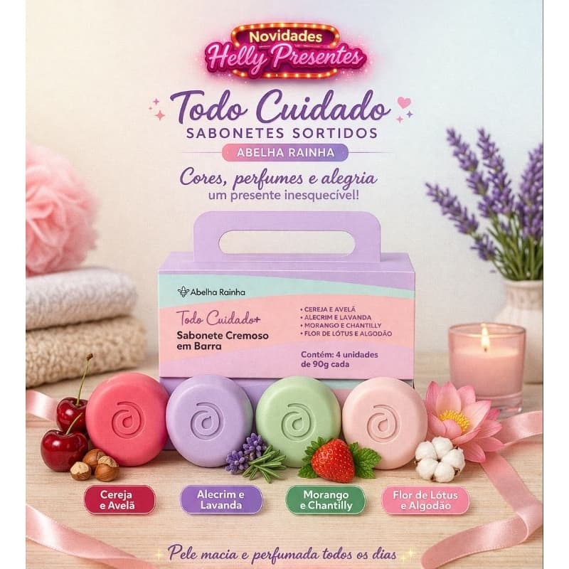 Caixa Sabonetes Abelha Rainha Todo Cuidado 4x80g Presenteável Sortidos cremoso Hidratantes Perfumados