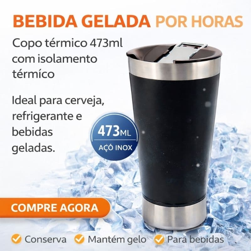 Copo Térmico 473ml Mantém Gelado por 4 Hrs Abridor De Garrafa Perfeito Para sua bebida Cor Preta