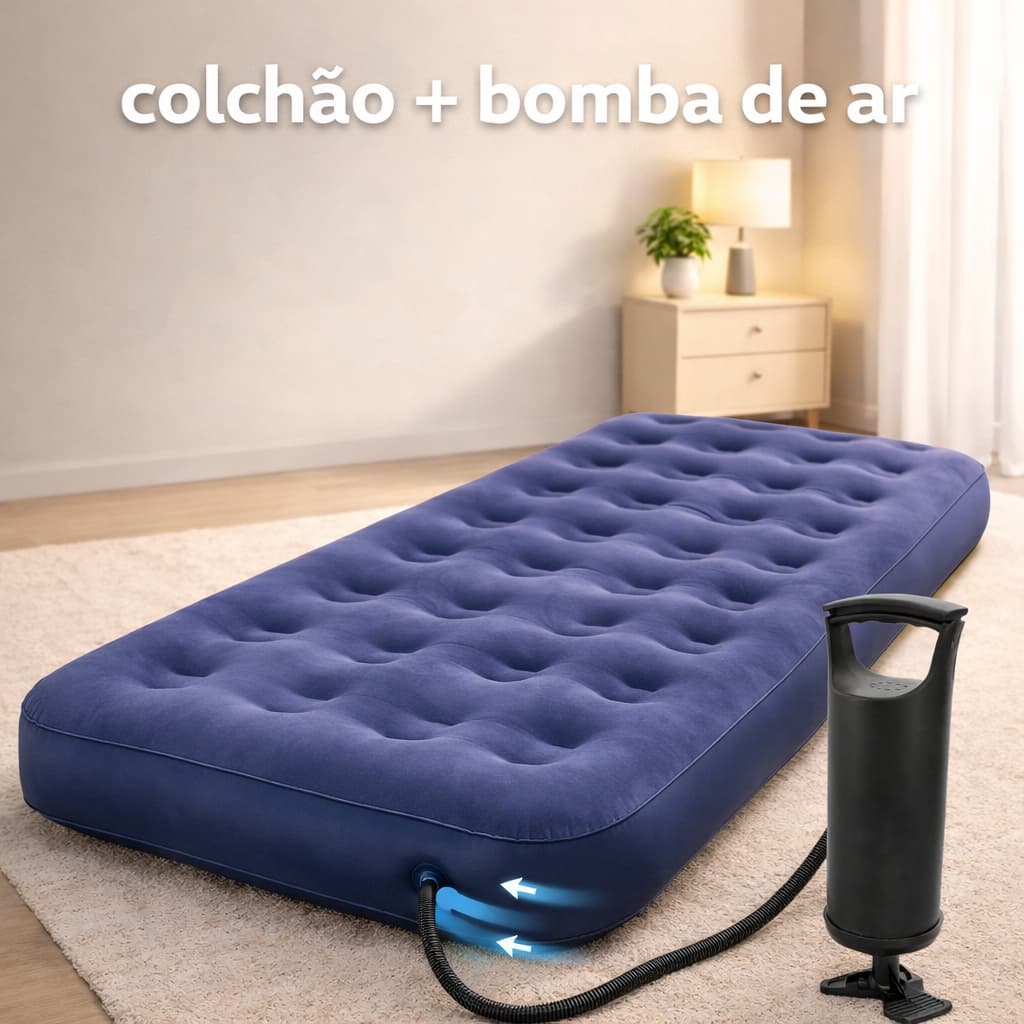 Colchão Inflável + Bomba  Solteiro Aveludado Azul 191x73x22cm Portátil Fácil de Inflar Ideal Camping Viagem e Visitas