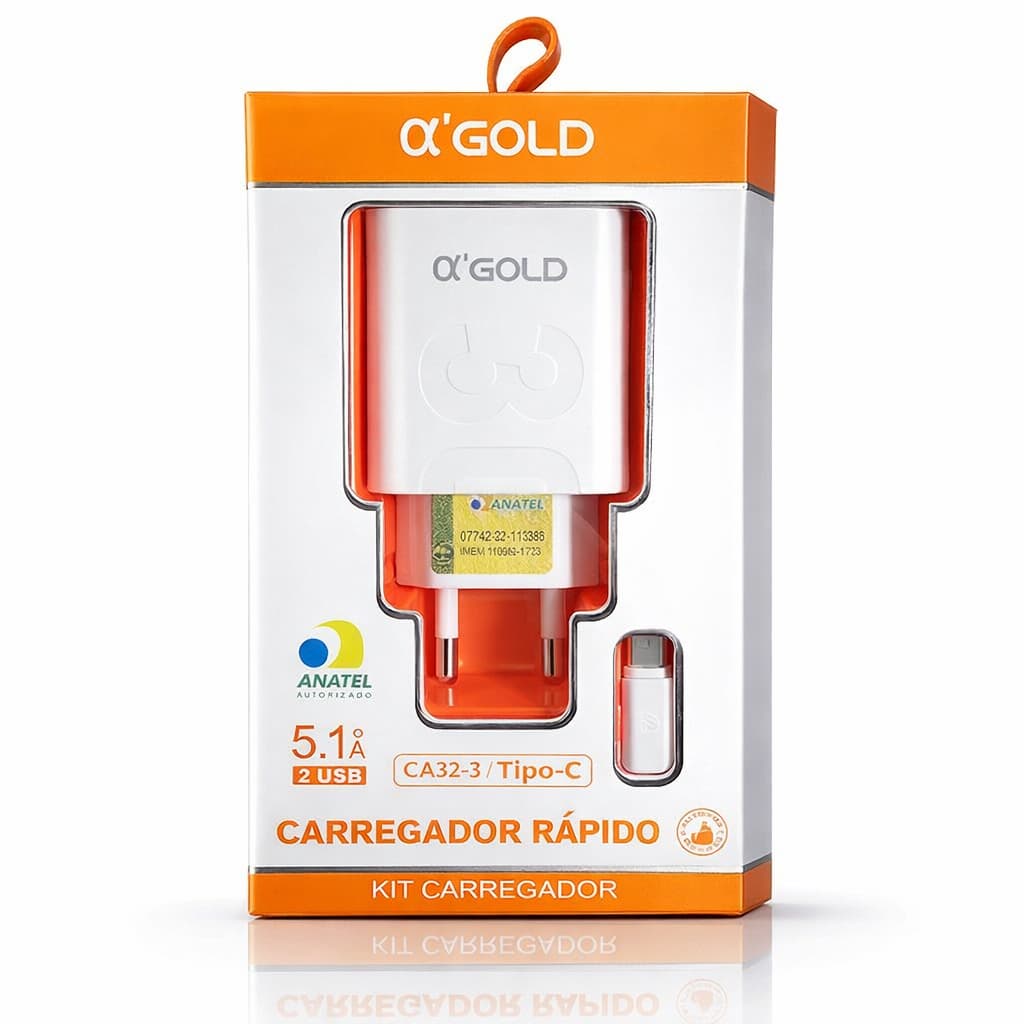 Carregador Turbo 5.1A USB + Tipo-C Rápido Bivolt Universal Android iPhone l CA32-3*