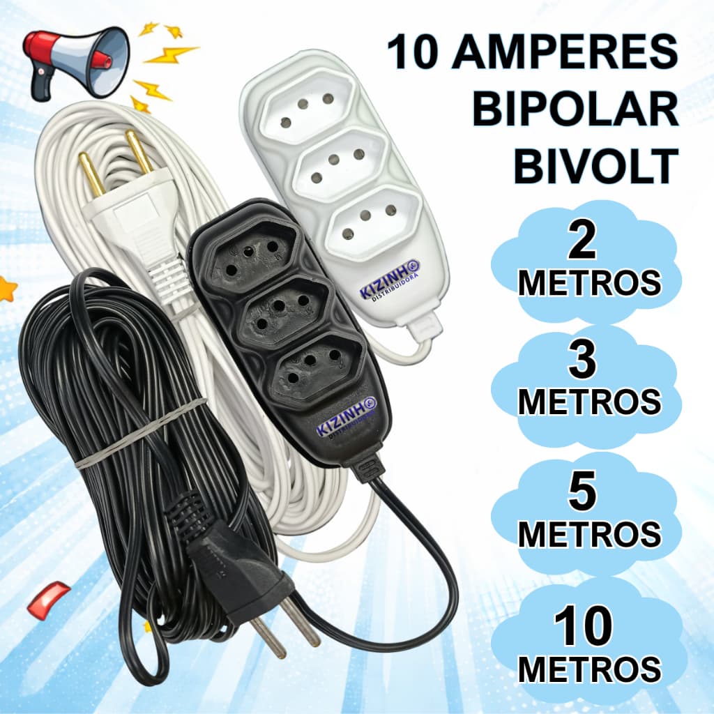 Extensão Elétrica 10 Amperes Bivolt  Com 2, 3, 5 e 10 Metros Disponiveis nas Cores Branco e Preto
