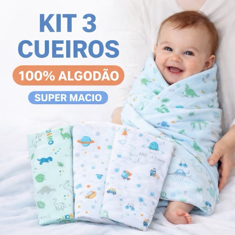 Kit 3 Cueiros Flanelados Papi 80x50cm 100% Algodão Estampas Sortidas Bebê